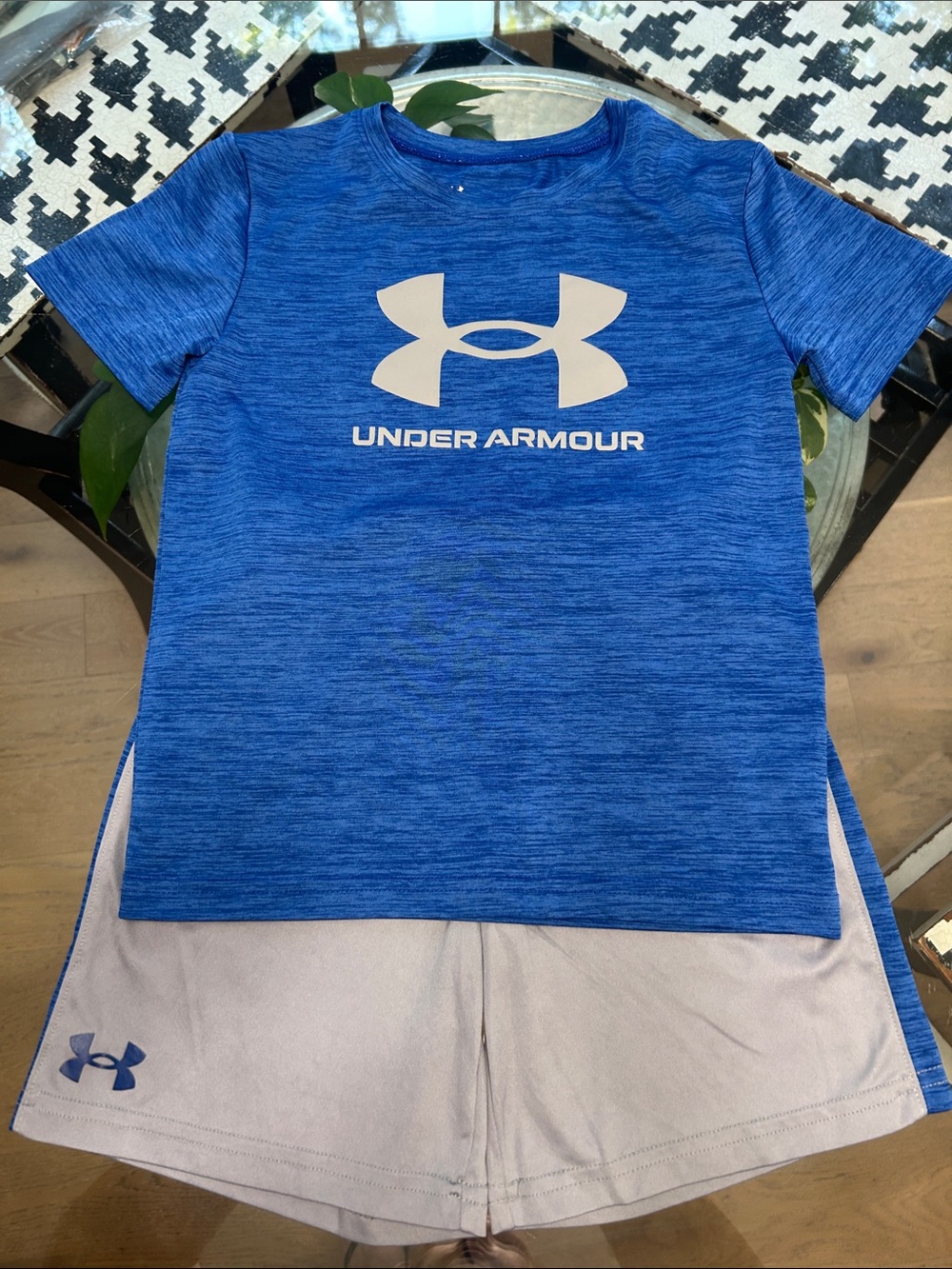 Under Armour Blue Heather Logo Performance Tee with Light Gray Shorts